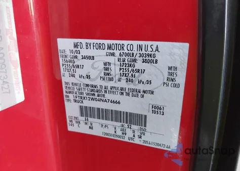 2004 Ford F-150 Stx/Xl/Xlt из США, поврежденный, VIN 1FTRX12W04NA74666